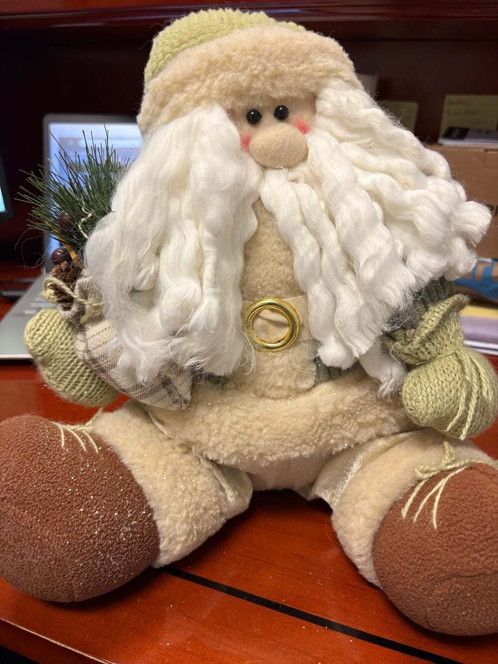 Sitting Santa Claus Christmas Decor Plush Toy Tan And Green